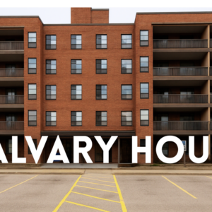 Calvary House brick apartment building with balconies